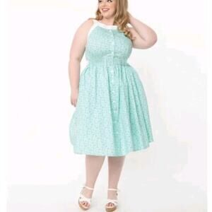 Unique Vintage Maxine Dress Sailboat Lighthouse Print Swing Turquoise Blue Sz M